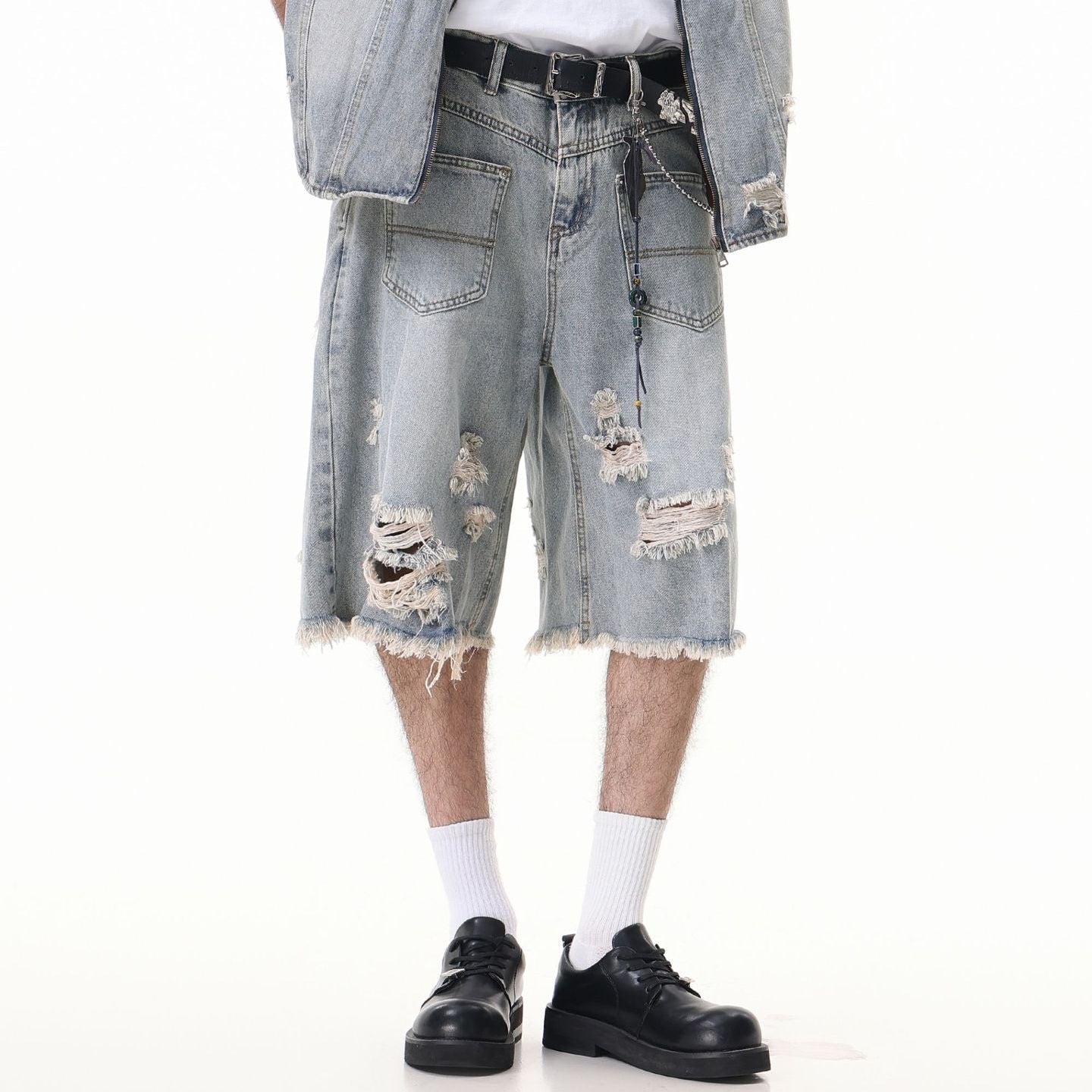 Washed Damage Wide Leg Denim Short Pants