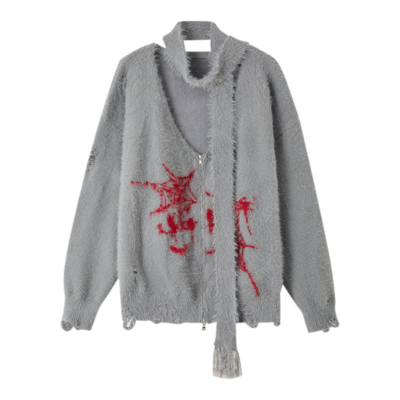 V-Neck Fake Mink Damage Zipper Knit Cardigan