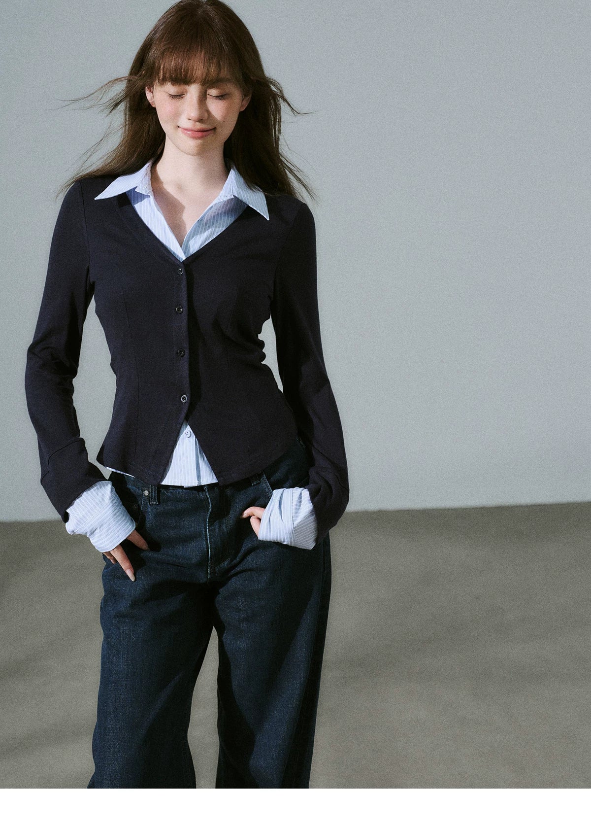 Layered Lyocell Wool Stripe Office Commuter Kinit Cardigan