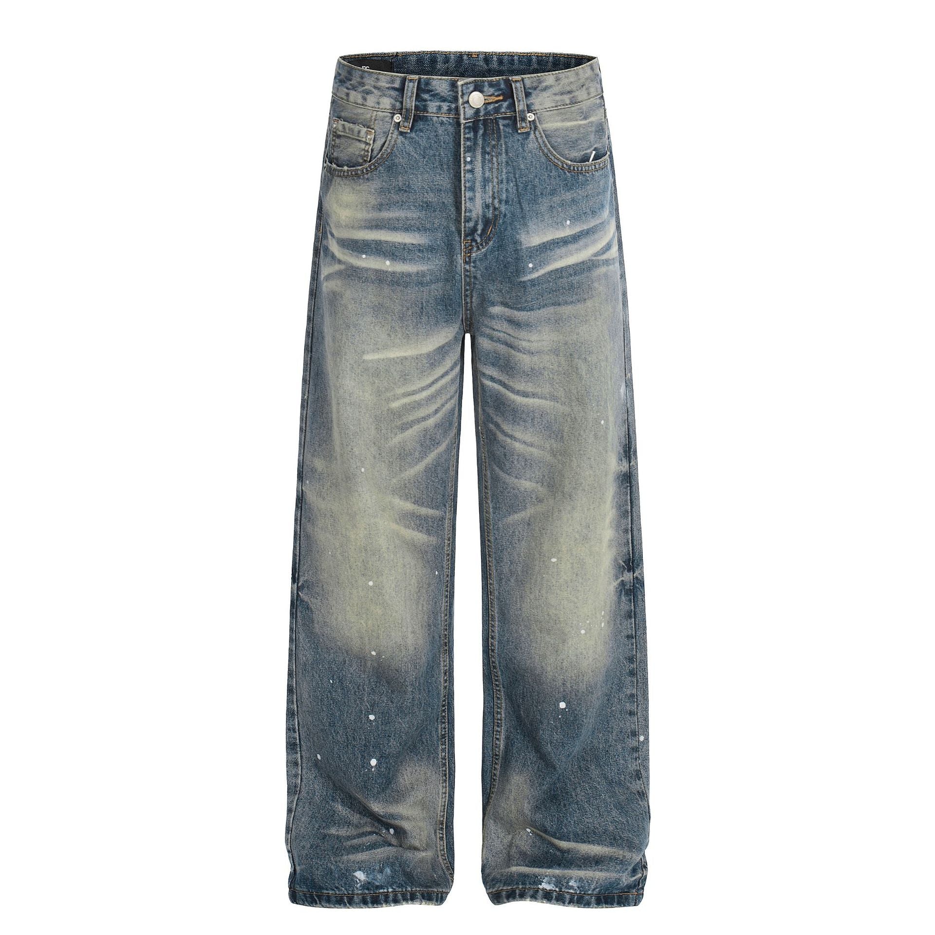 Washed Whisker Paint Splatter Straight Denim Jeans