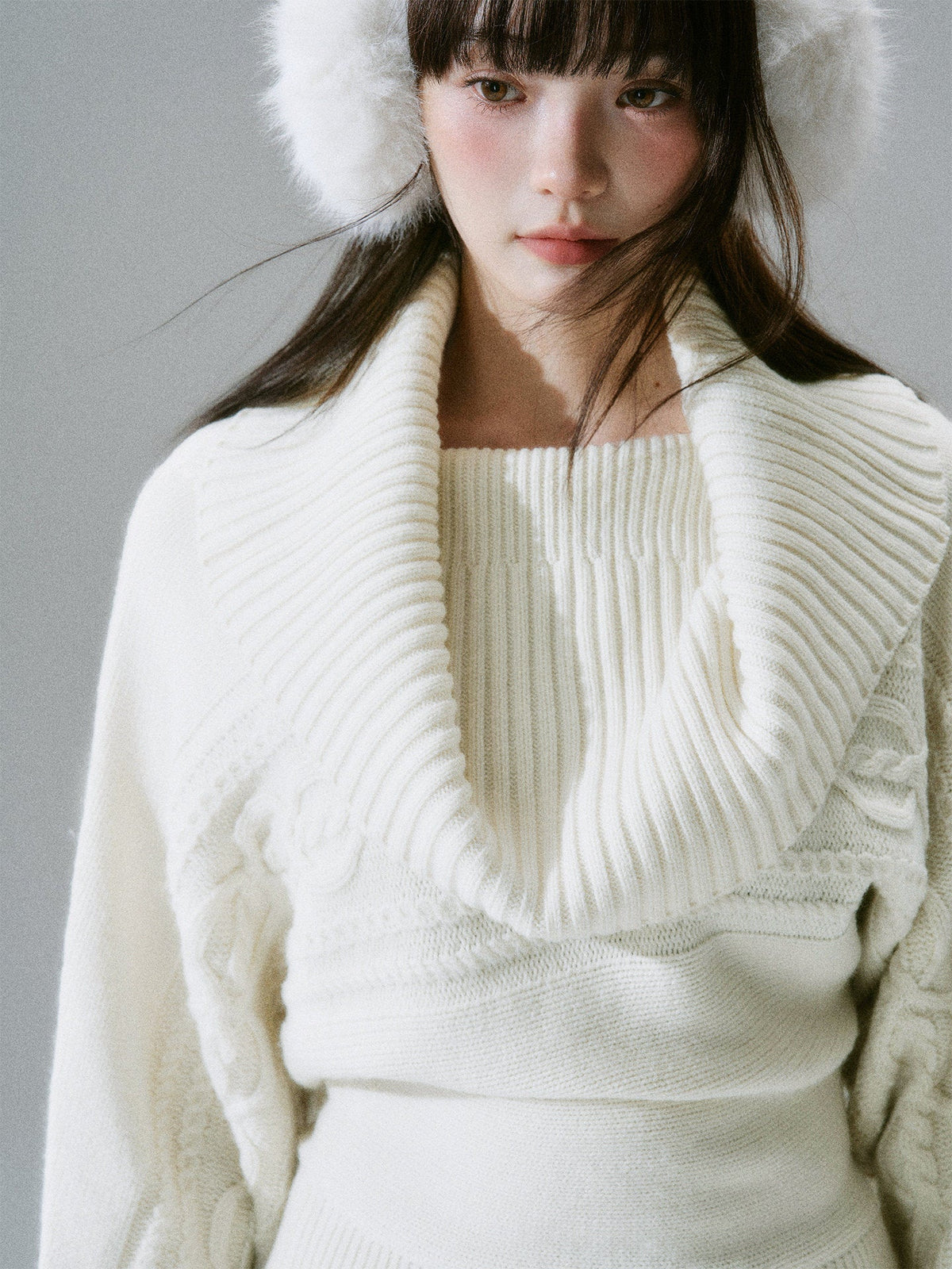 Ribbed Cowl Neck Cable Sleeve Knit Sweater
