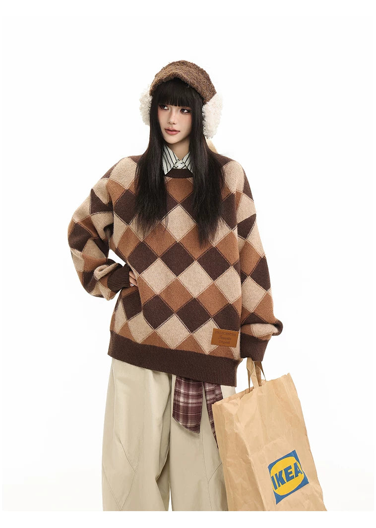 Heavyweight Diamond Pattern Oversize Hooded Knit Cardigan & Knit Sweater