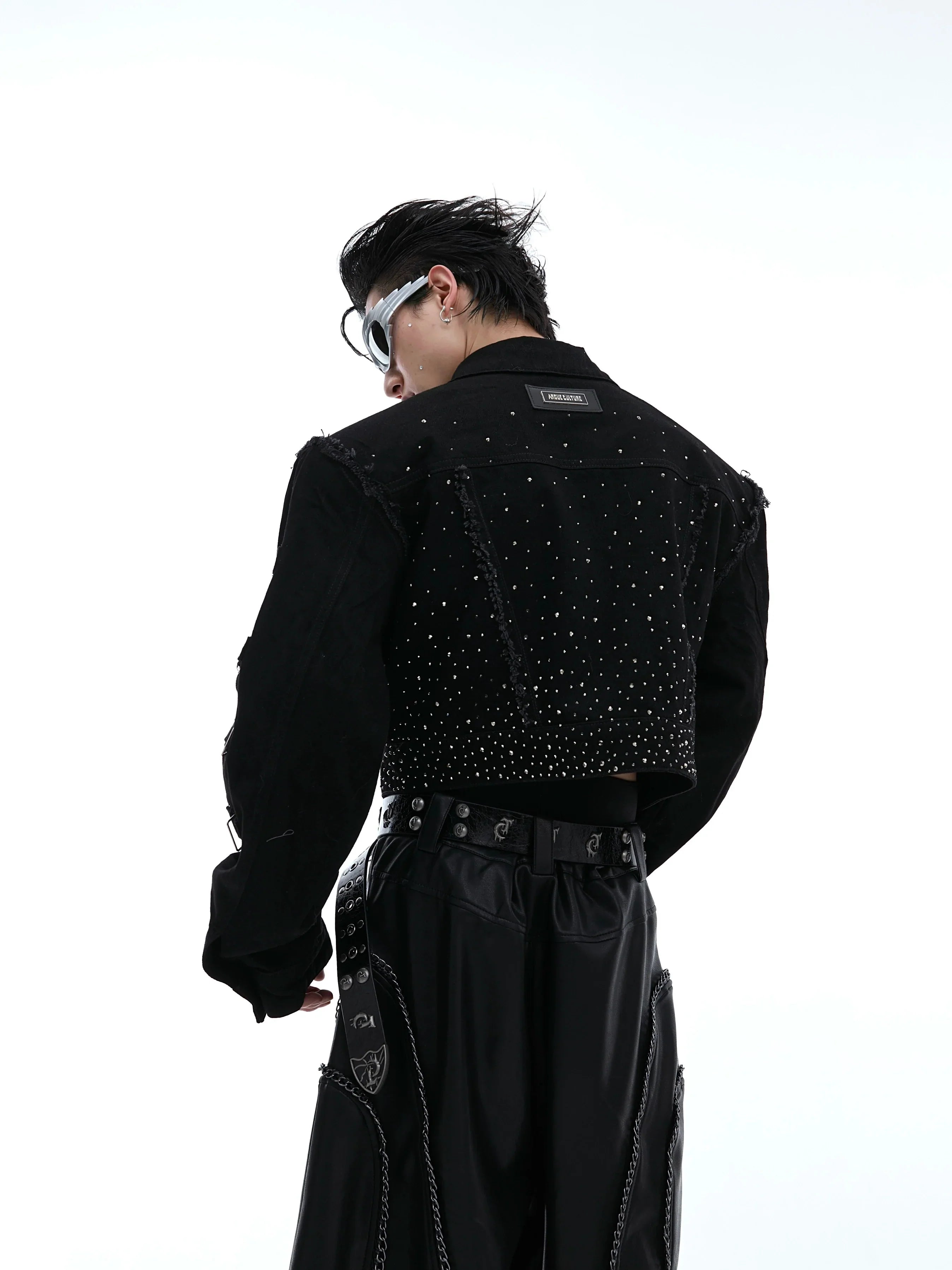 Shoulder Pad Rhinestone Cropped Zipper Denim Jacket