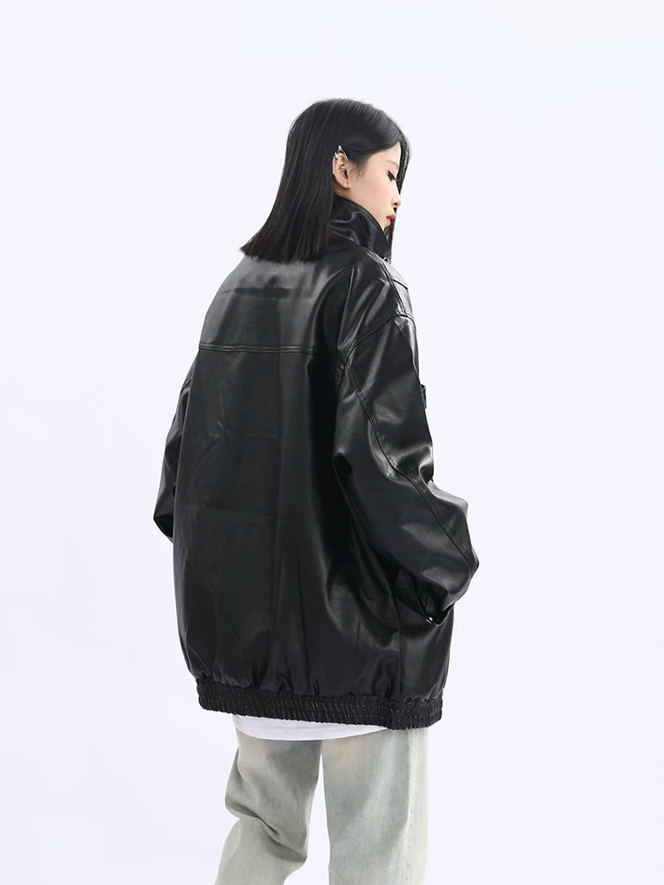 Oversized Standing-Collar PU Leather Jacket