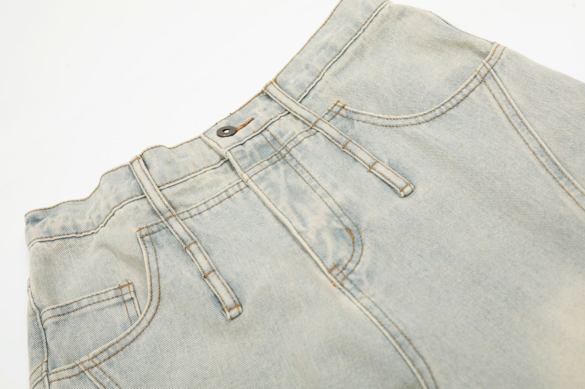 Washed Damage Curved Wide Leg Denim Jeans