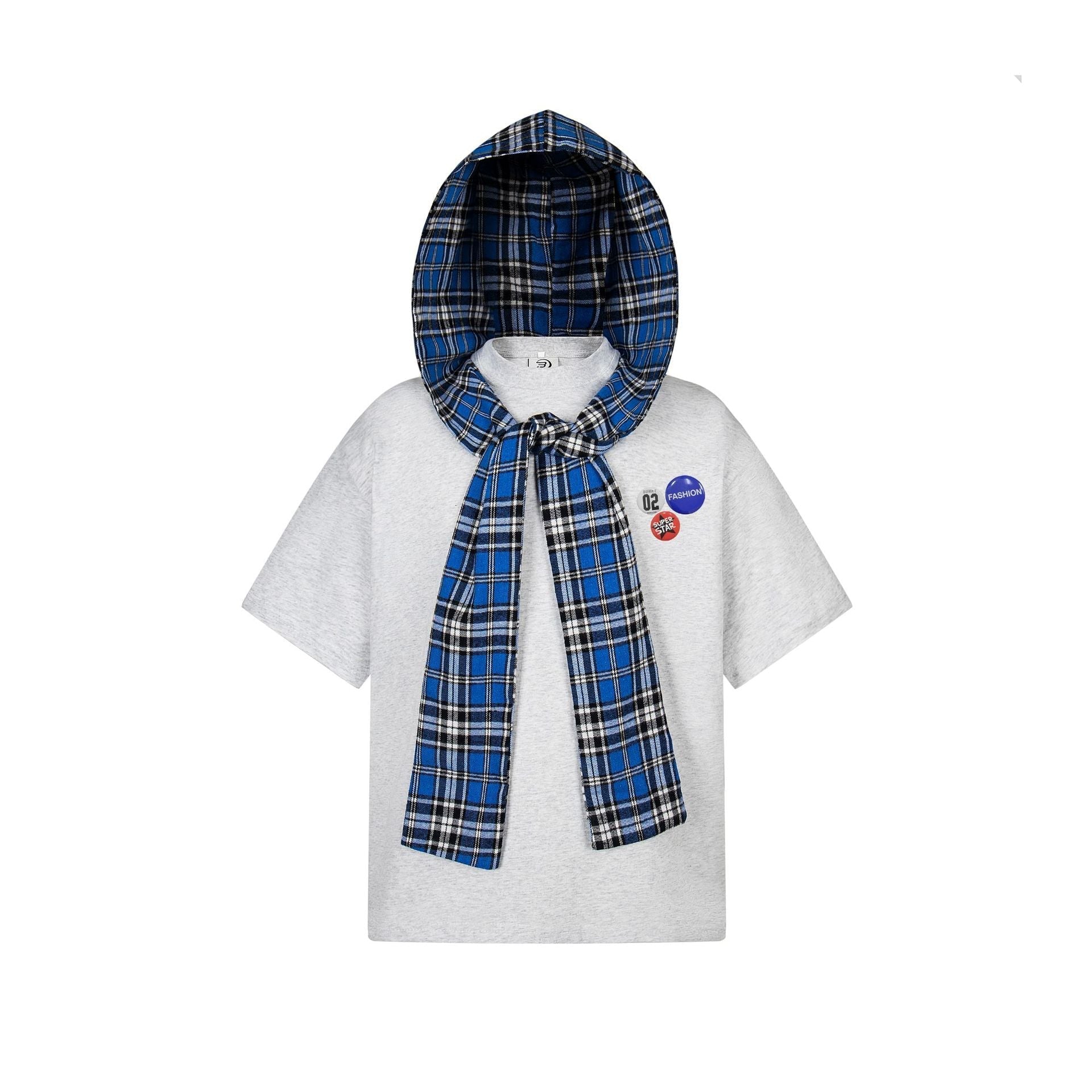 Detachable Badge Hooded Plaid Cape T-shirt - MADXMARX