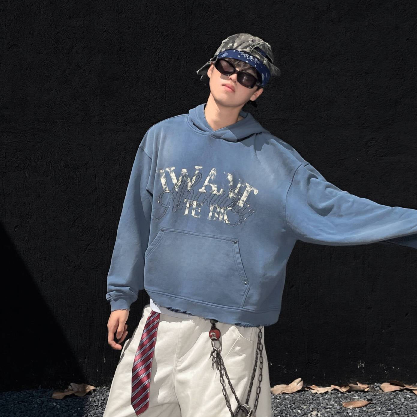 Washed Letter Rhinestone Design Damage Hoodie