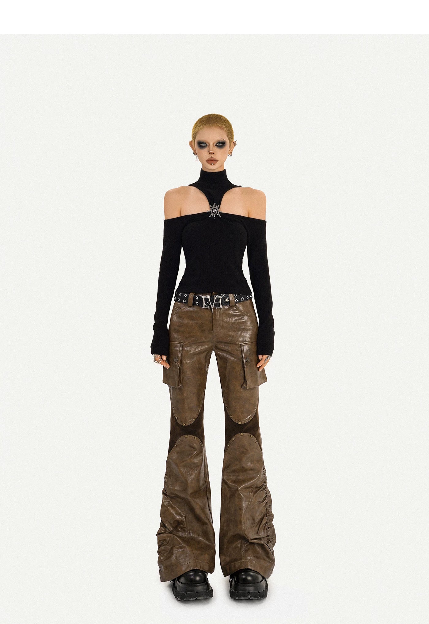 PU Leather Patchwork Fitted Flare Pants