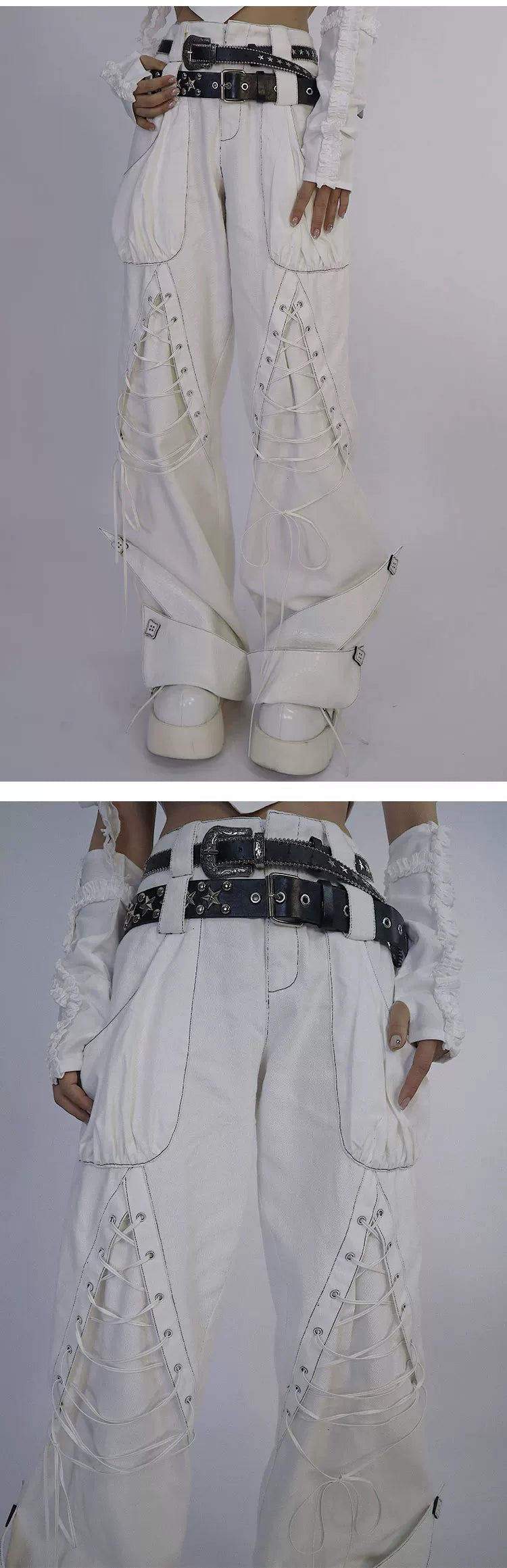 Tie-Strap Double-Waist Wide Leg Denim Jeans & Belt