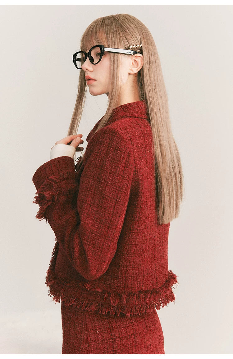 Round Collar Tweed Jacket & A-Line Tweed Skirt Setup
