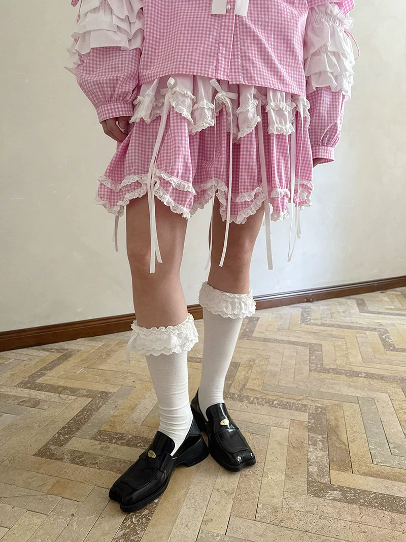 Bow Double-Layer Patchwork Half Skirt