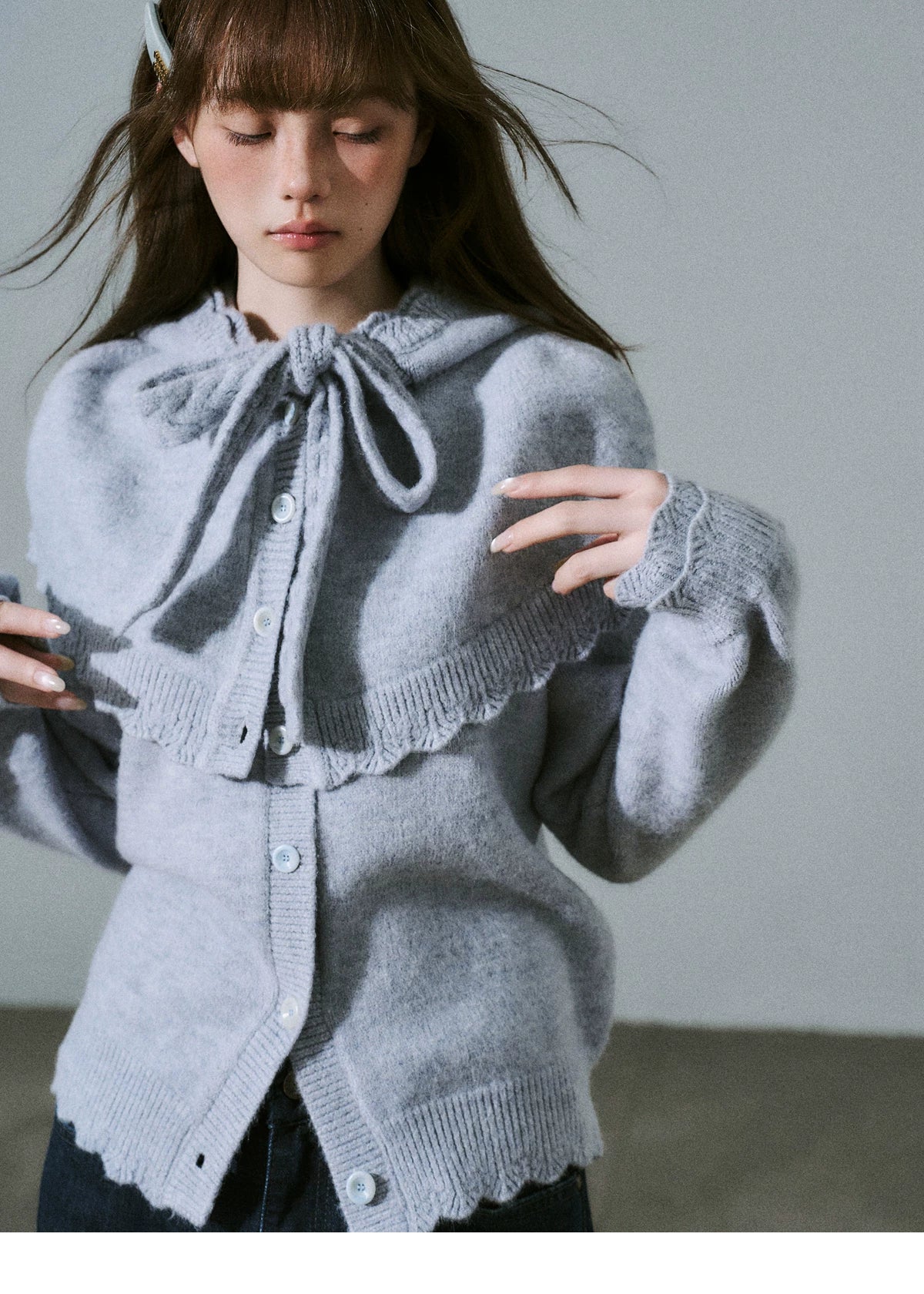 Ruffled Collar And Bow Detail Knit Cardigan