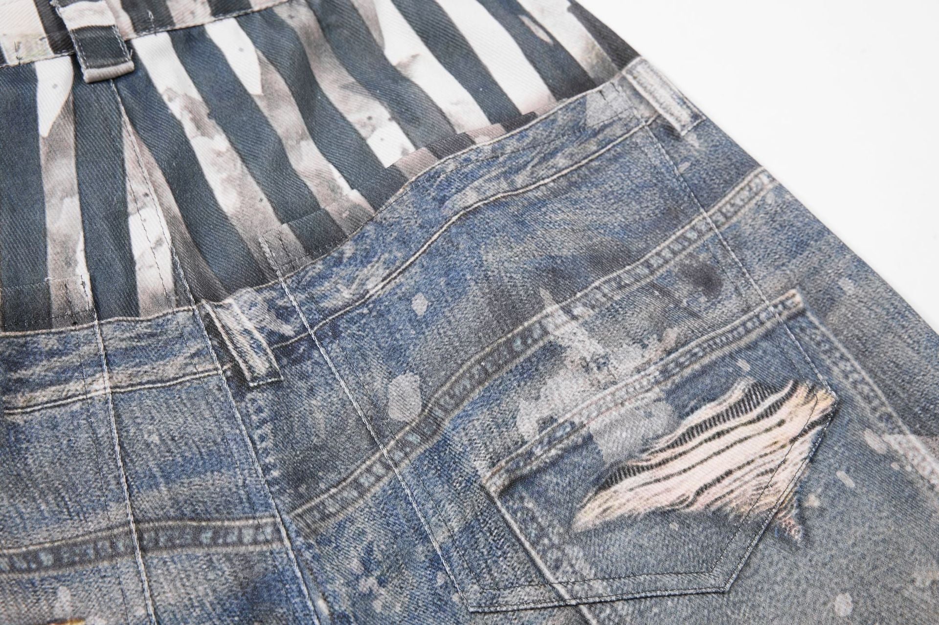 Star Print Fake Layered Curved Wide Leg Denim Jeans