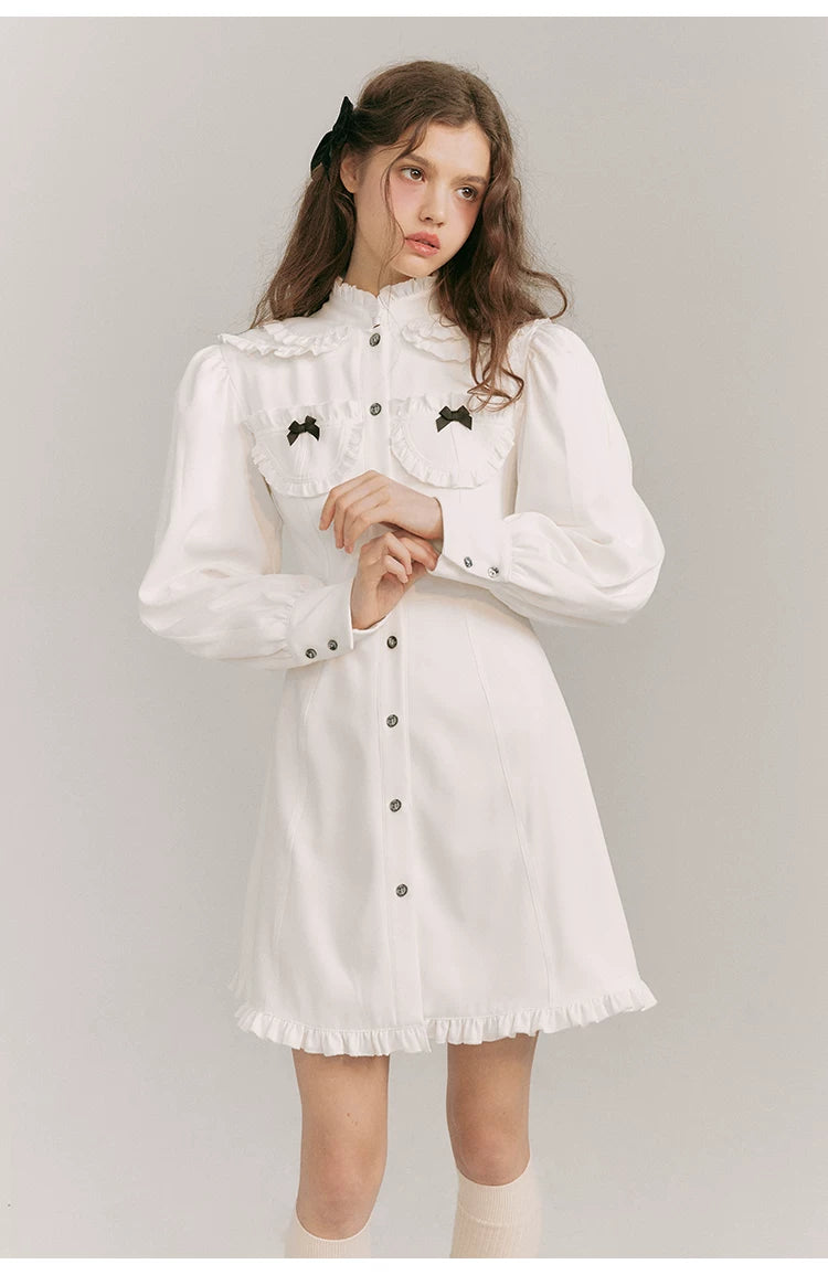 Double Neck Long Sleeve Shirt Dress