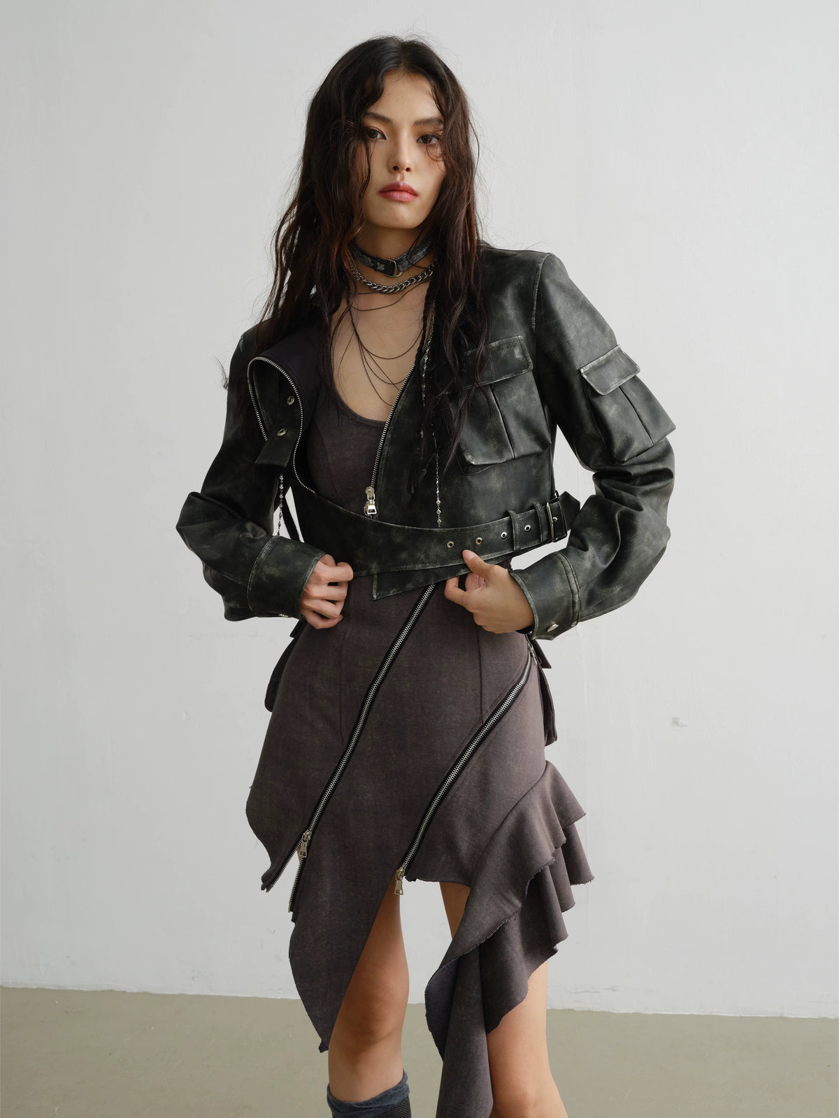 Zipper Decoration Ruffled Edge Dress