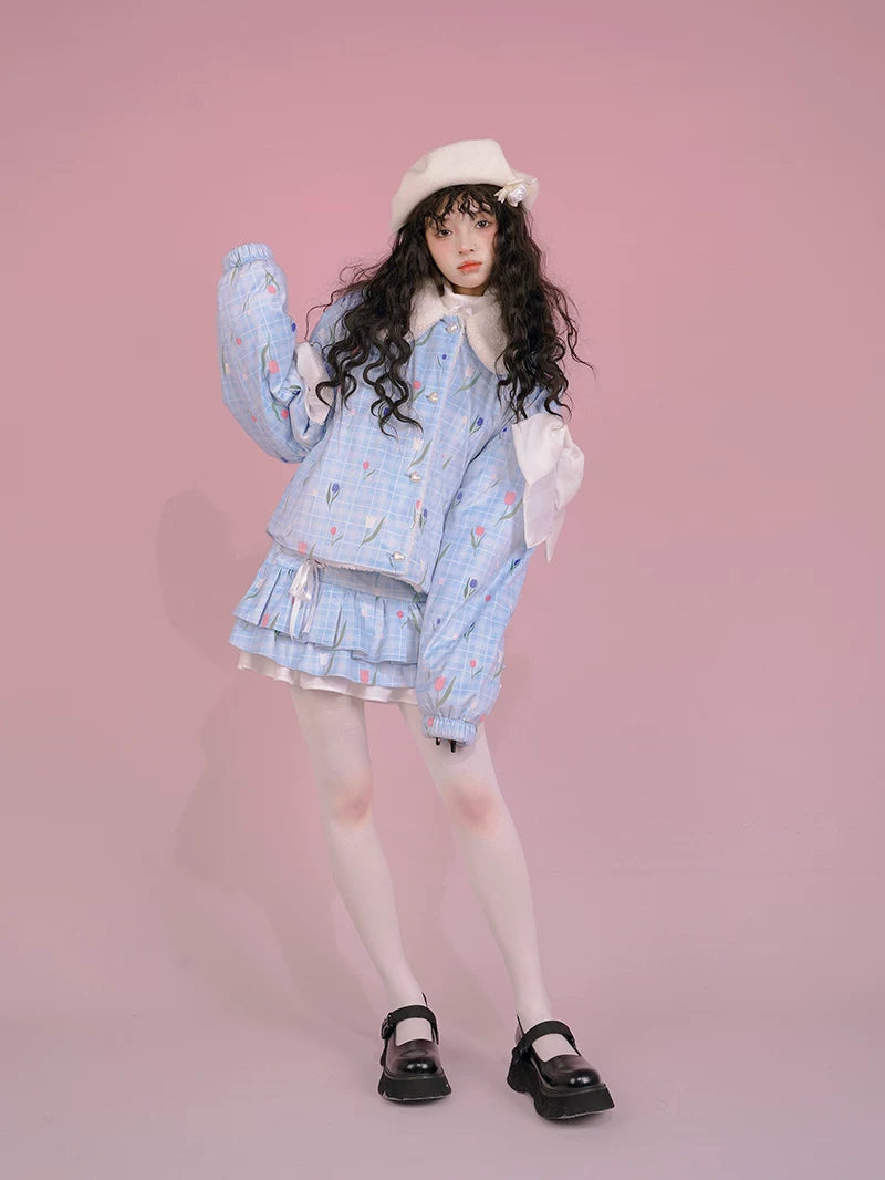 Flower Print Bow Fleece Lining Puffer Jacket