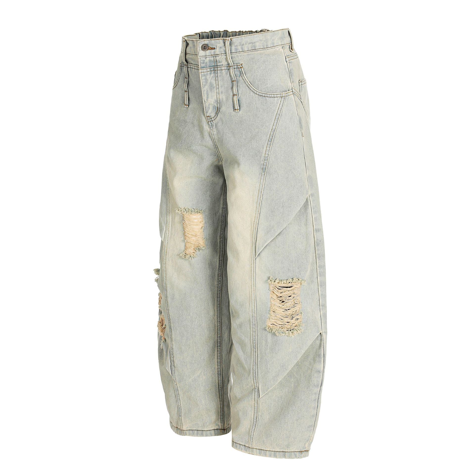 Washed Damage Curved Wide Leg Denim Jeans