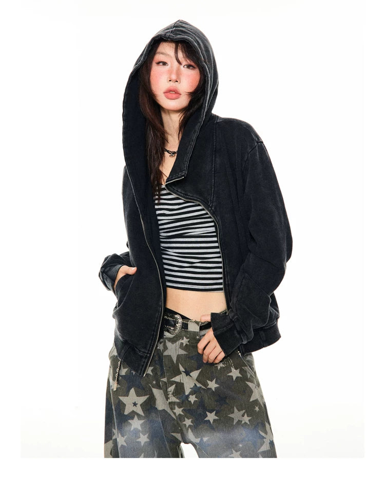 Asymmetrical Zipper Oversize Hooded Jacket