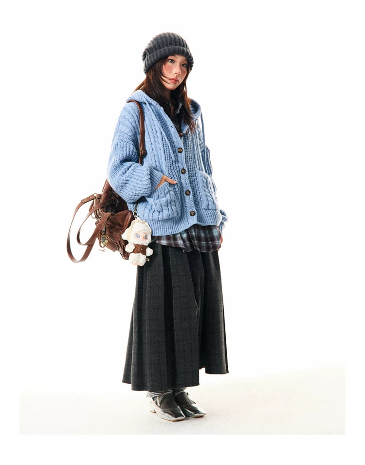 Hooded Button Oversize Cable Knit Cardigan