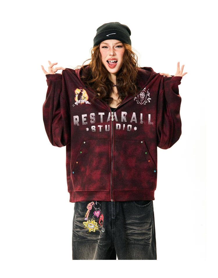 Tie-Dye Letter Print Oversize Zipper Hoodie