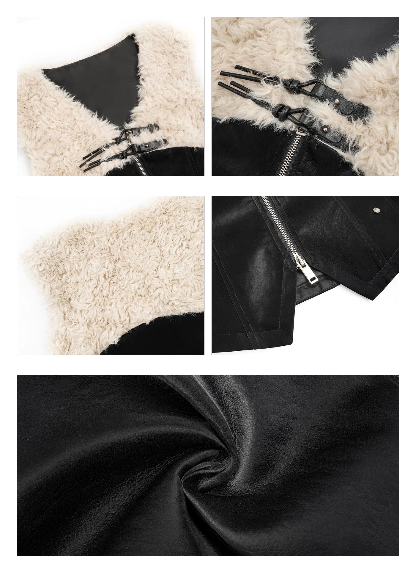 Fake Fur Patchwork V-Neck Slim PU Leather Vest & Ribbed High-Neck Knit Sweater