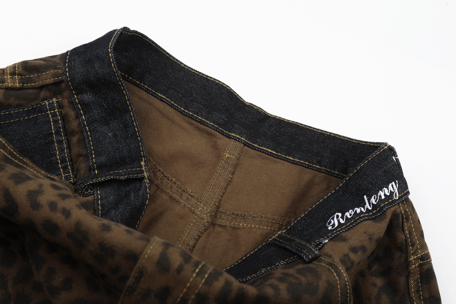 Leopard Print Curved Wide Leg Denim Jeans