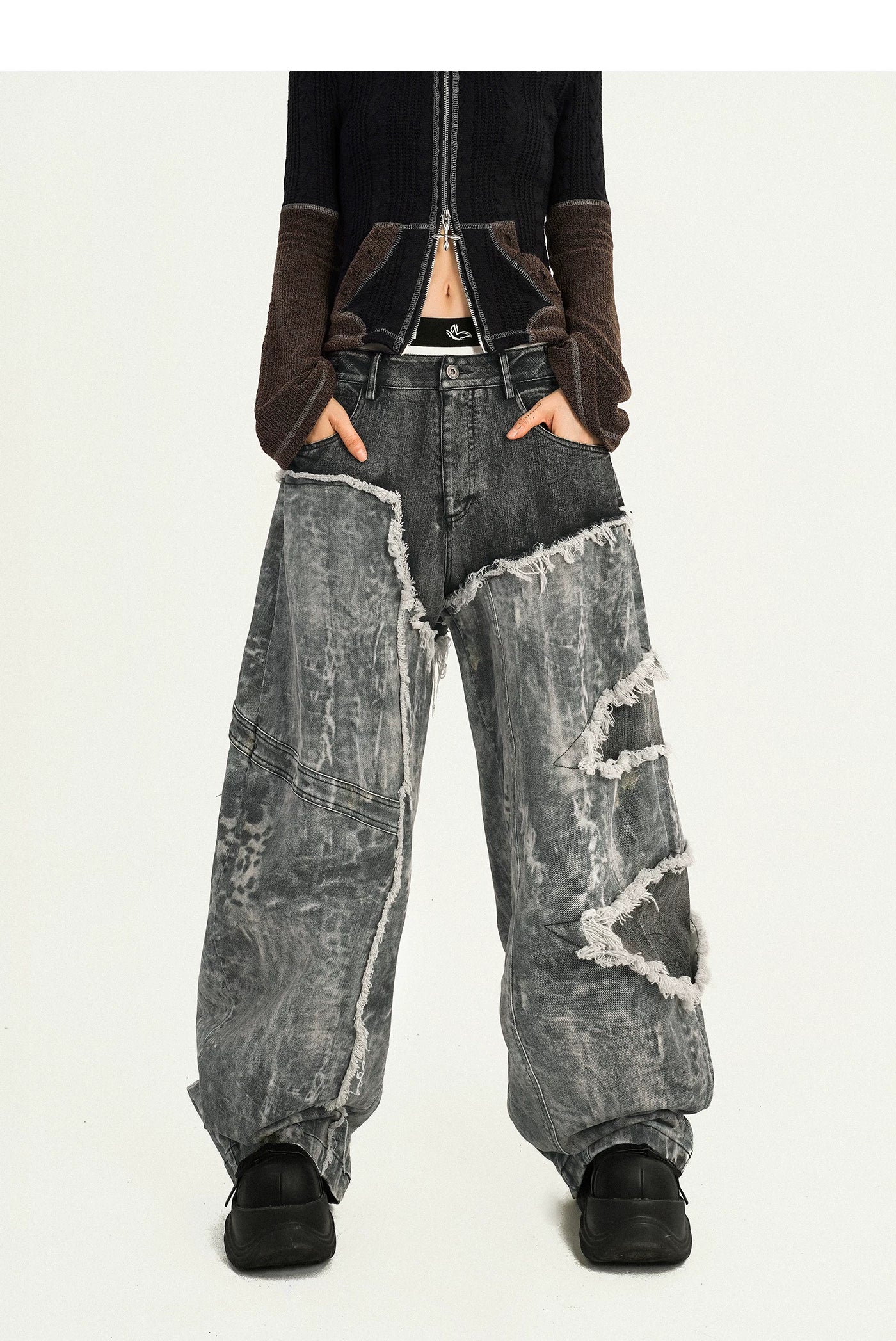 Fake Layered Heavy Craft Raw Hem Wide Leg Denim Jeans