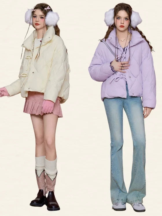 Bow Design Stand Neck White Duck Down Jacket