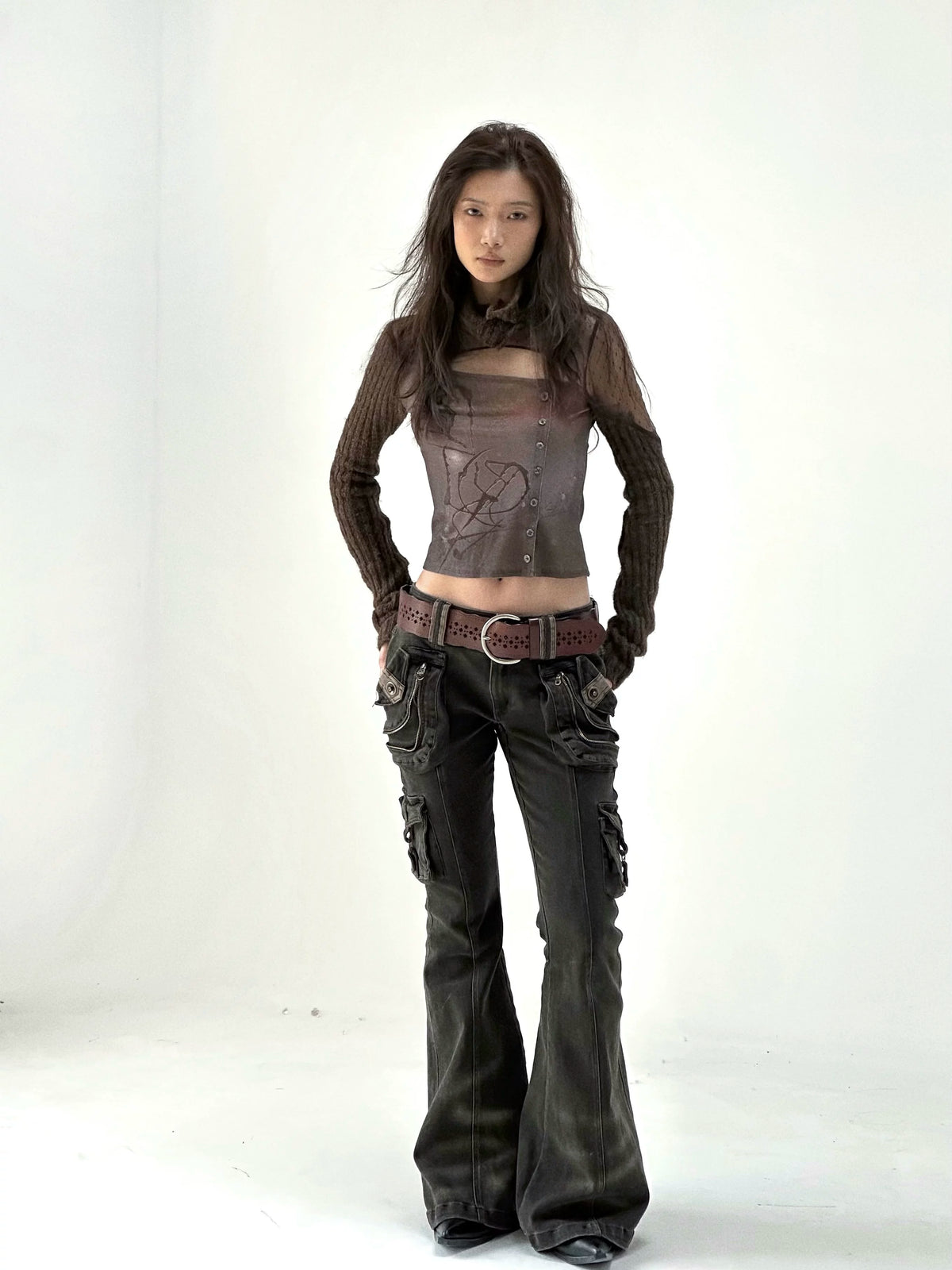 Multi-Pocket Stretch Flare Denim Pants