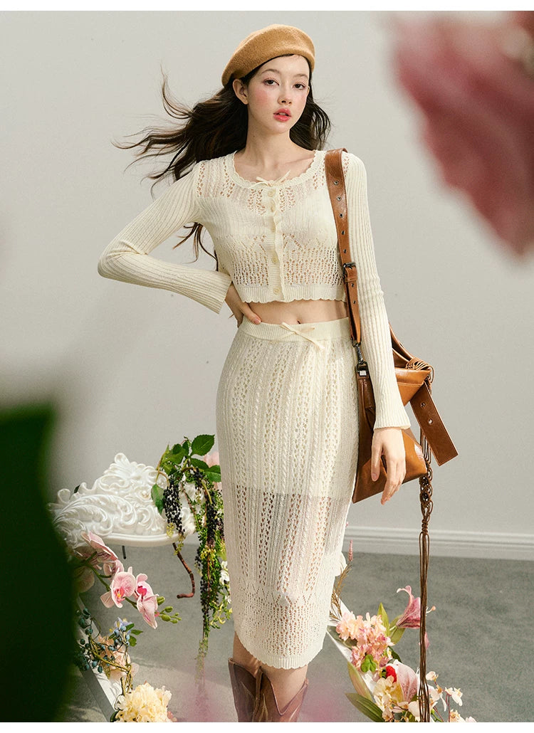Hollow Out Button Knit Cardigan & Half Skirt Setup