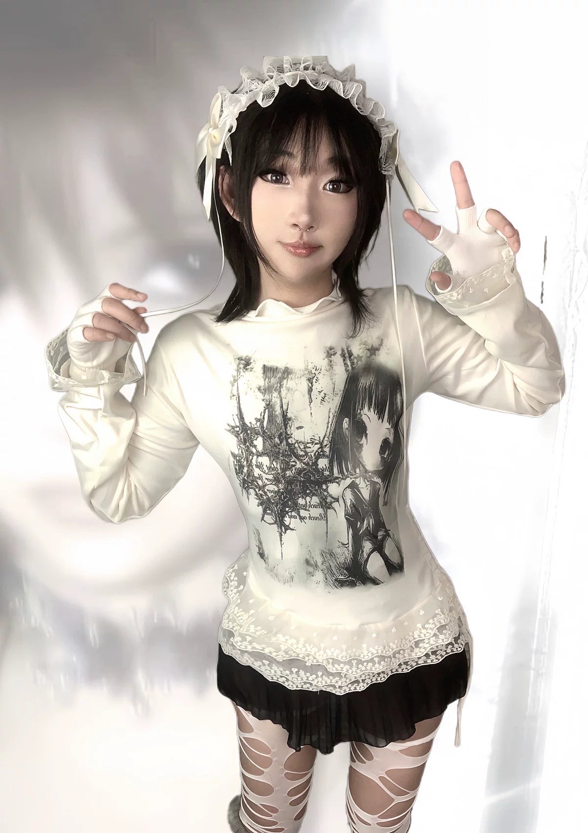 Gothic Emo Girl Fake Layered Lace-Trim Long Sleeve T-Shirt