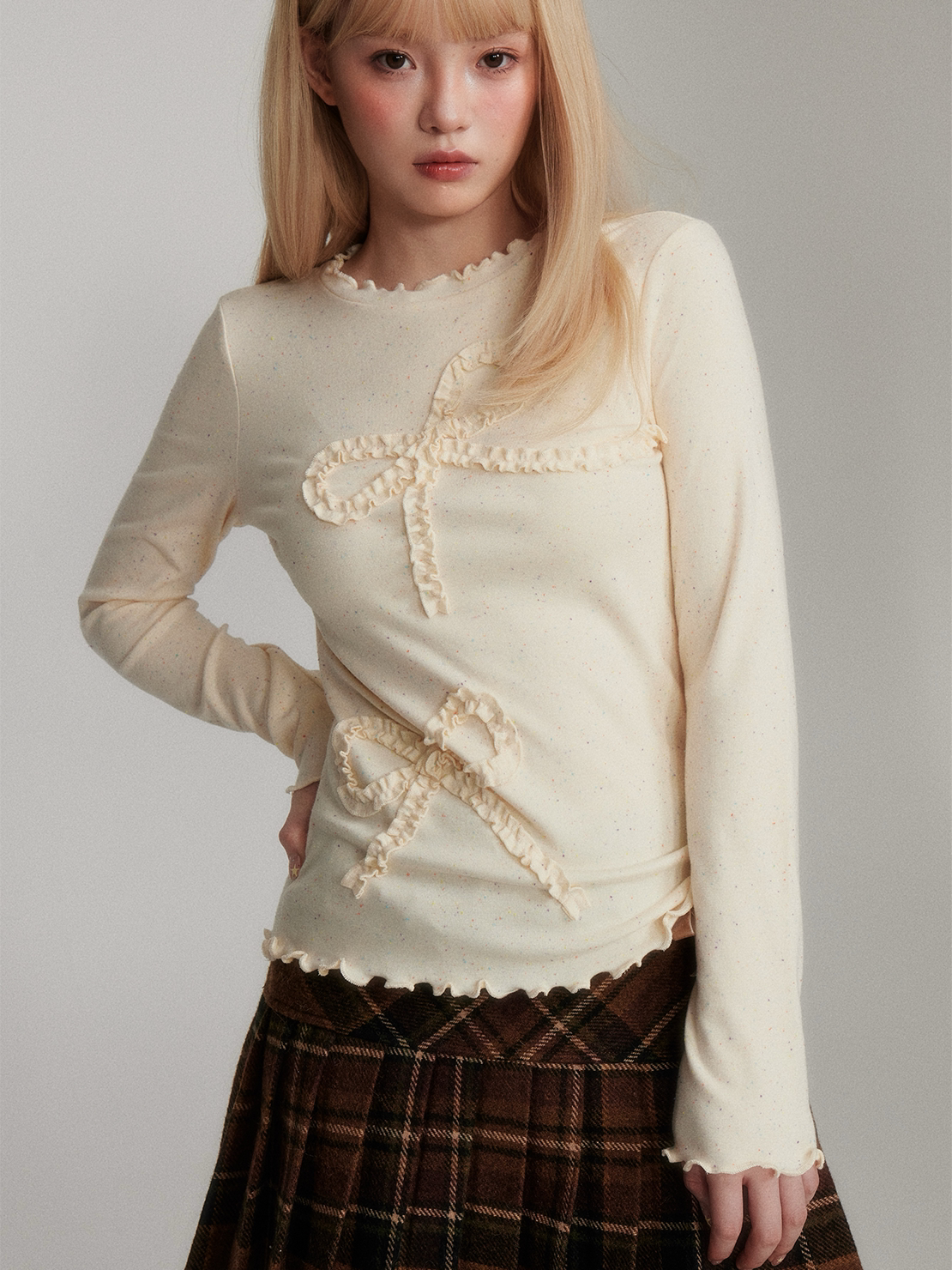 Dot Pattern Bow Lyocell Thermal Long Sleeve T-Shirt