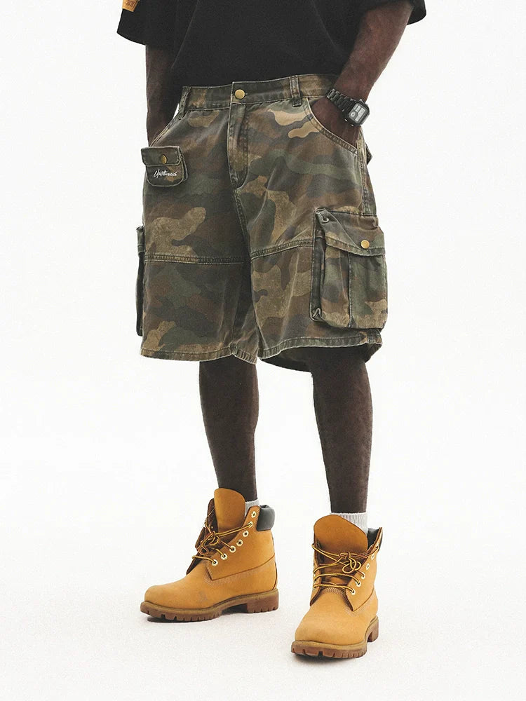 Washed Multi-Pocket Wide Leg Cargo Short Pants