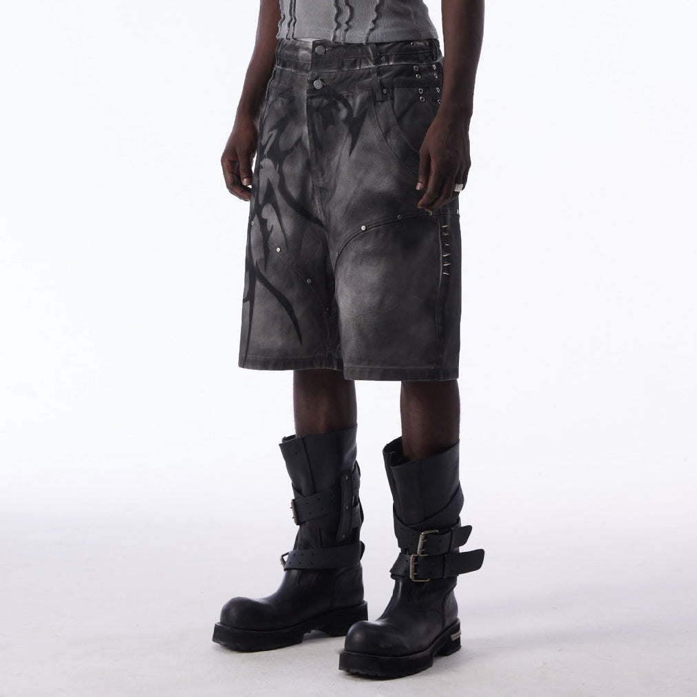 Washed Graffiti Dirty-Dye Denim Jort
