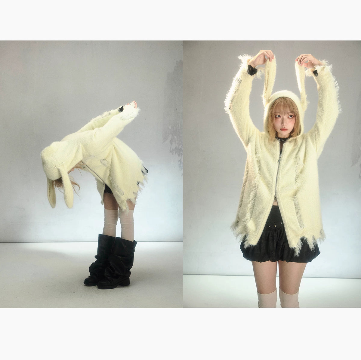 Rabbit Ear Zipper Knit Hoodie