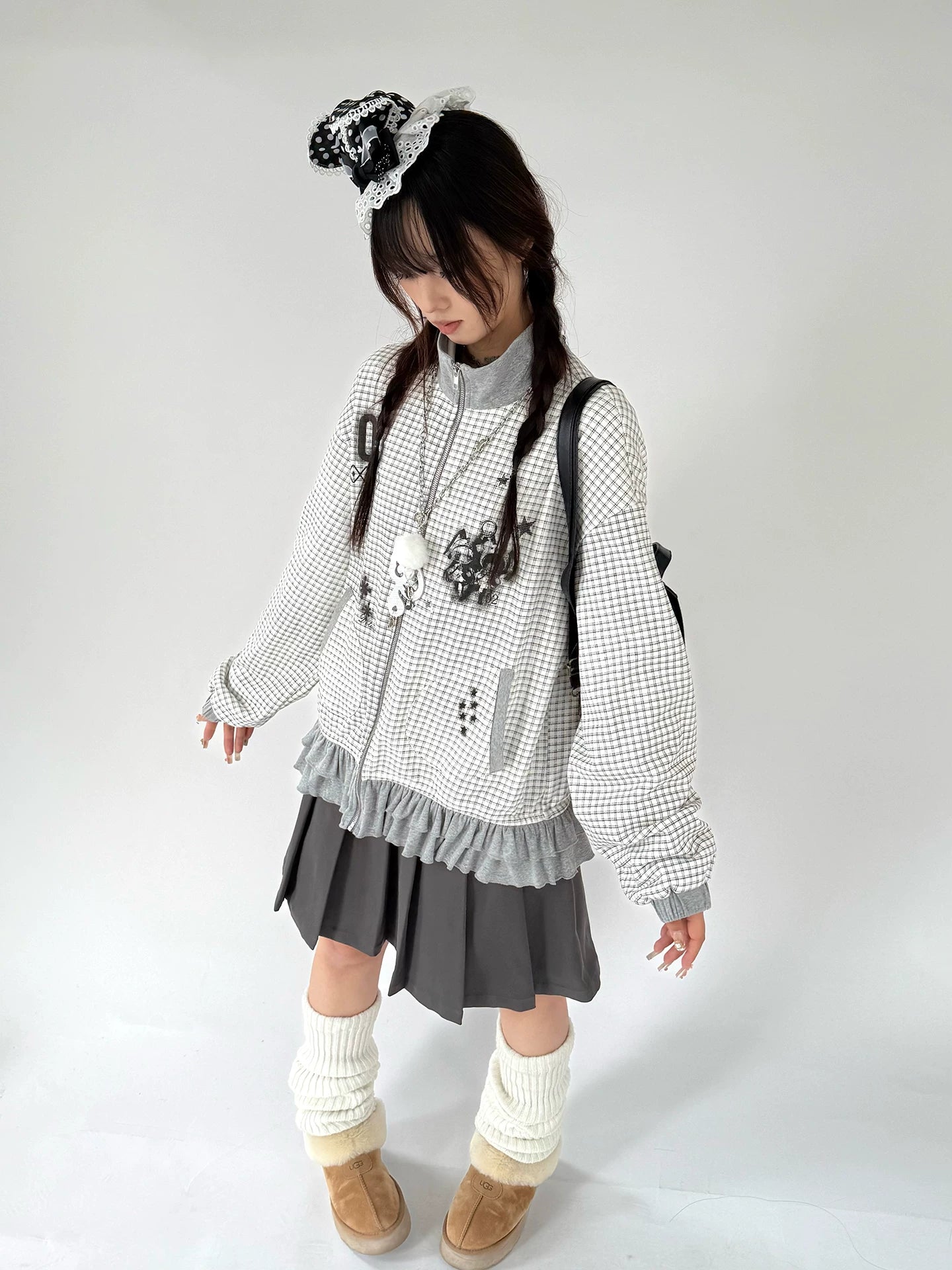 Checkered Ruffle Hem Oversize Zipper Hoodie