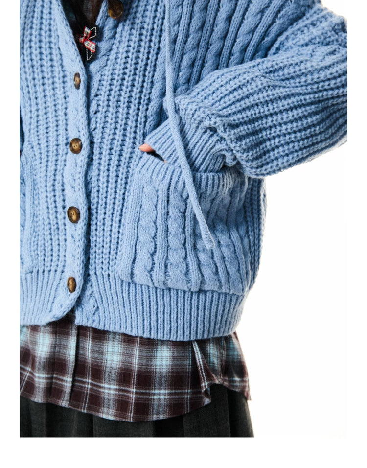 Hooded Button Oversize Cable Knit Cardigan