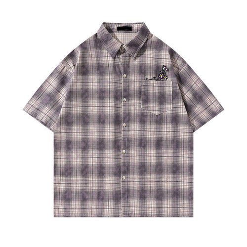 Los geruit geborduurd vlindershirt - M / Bruin