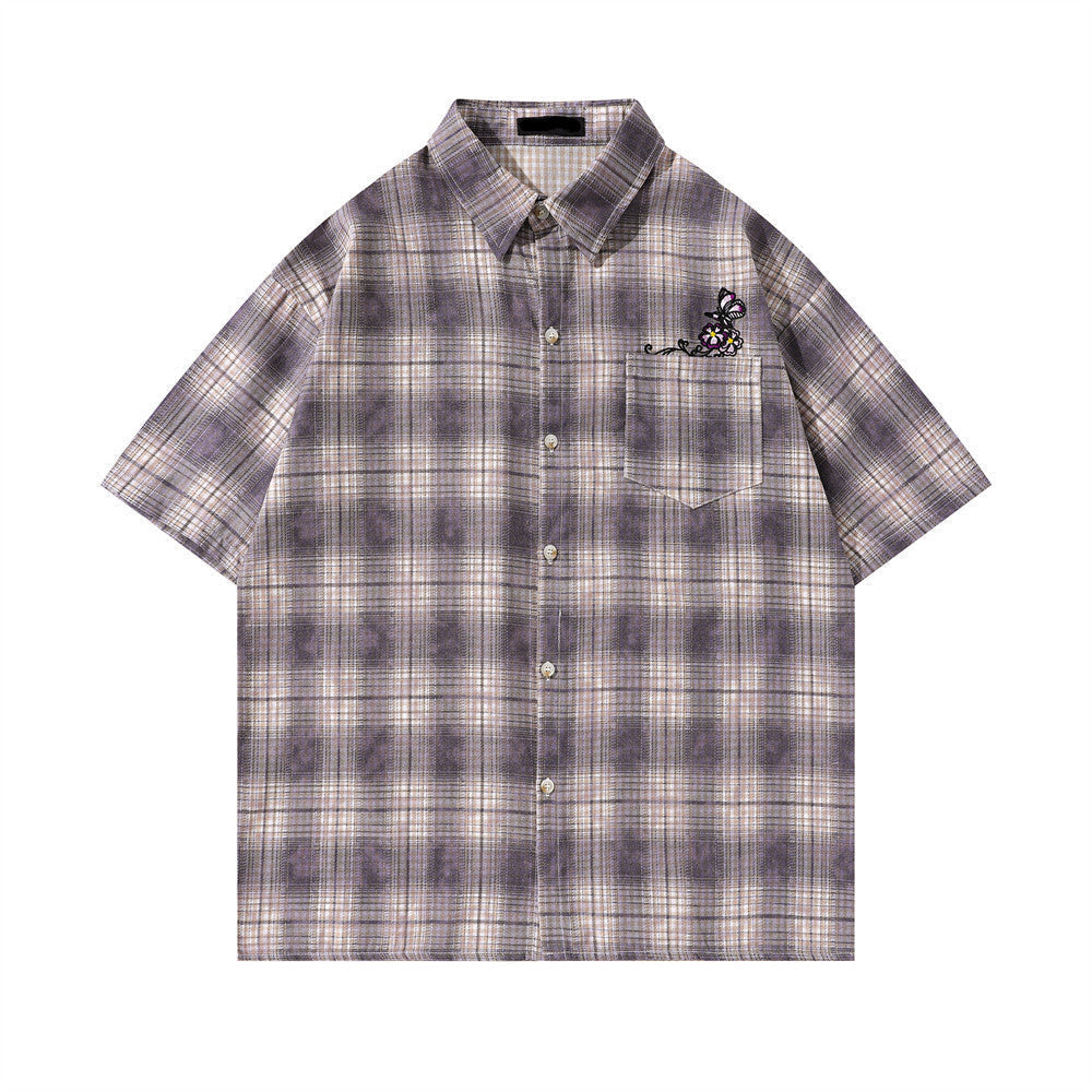Loose Plaid Embroidered Butterfly Shirt - MADXMARX