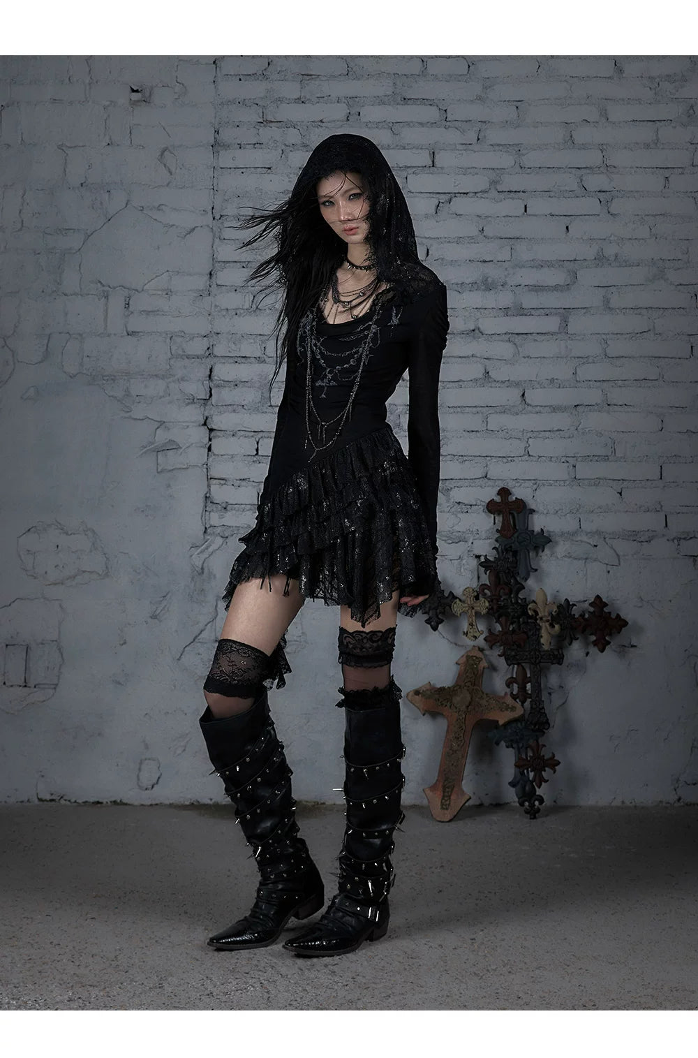 Lace Hooded Asymmetric Ruffle Dress