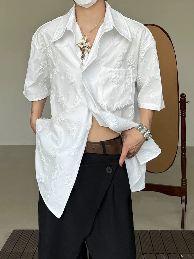 Embroidery Floral Two-Button Jacquard Short Sleeve Shirt