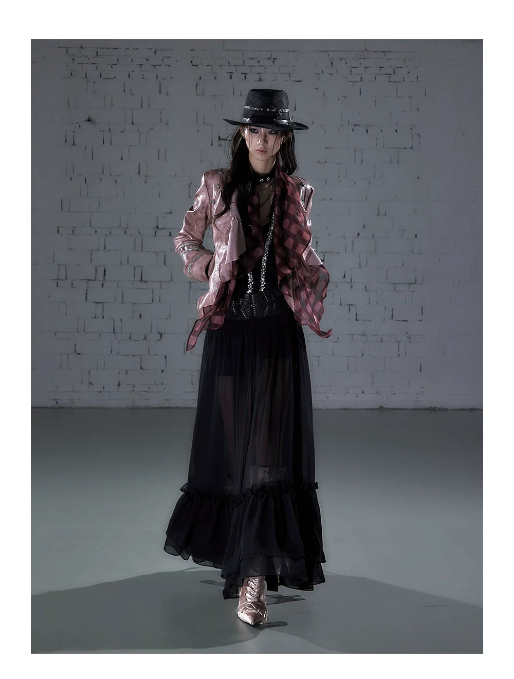 Ruffle Tie-Neck Slim Fit Long Sleeve Shirt