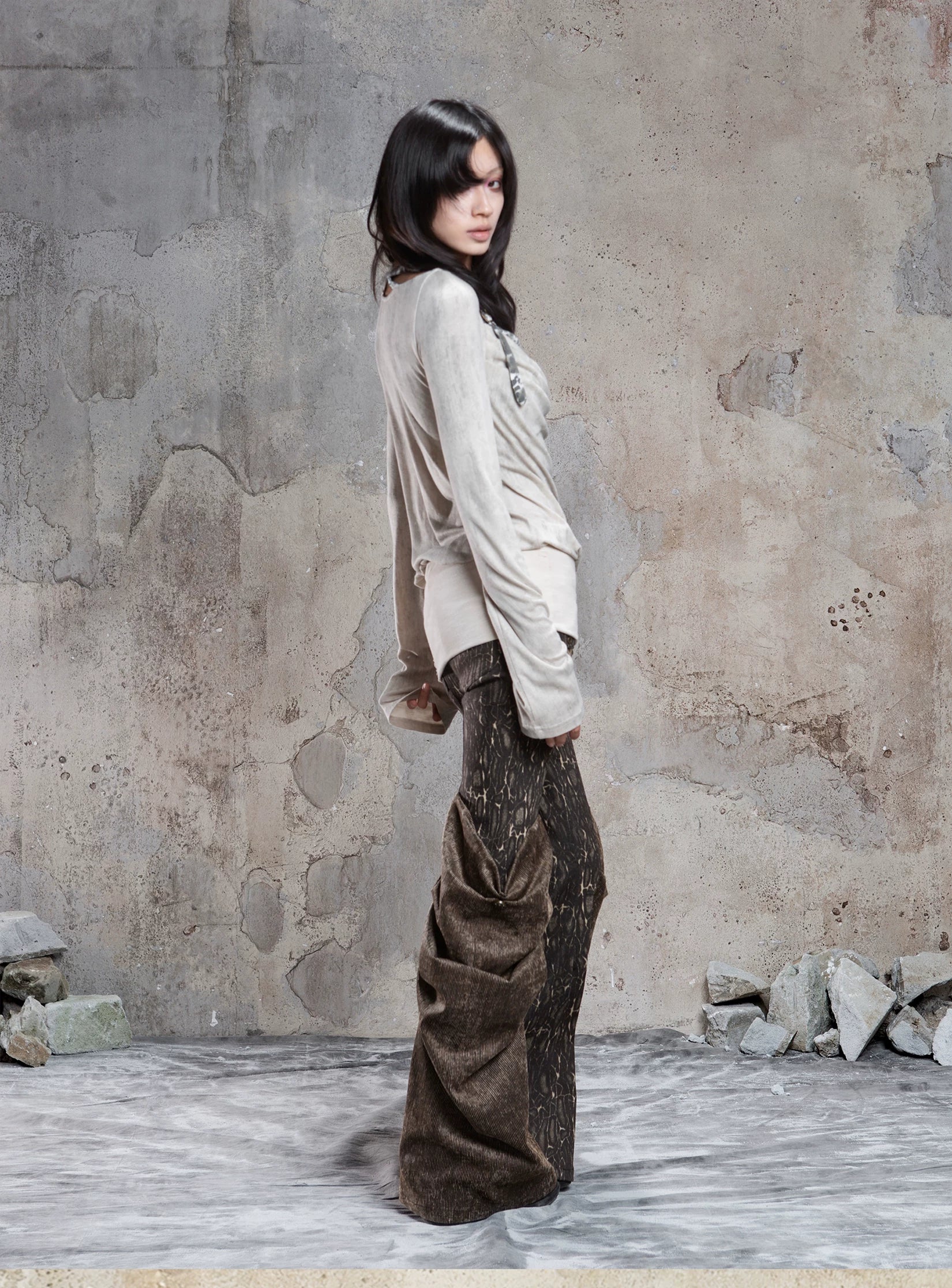 Fake Two-Piece Draped Pleated Mid- Length Slimming Long Sleeve T-Shirts