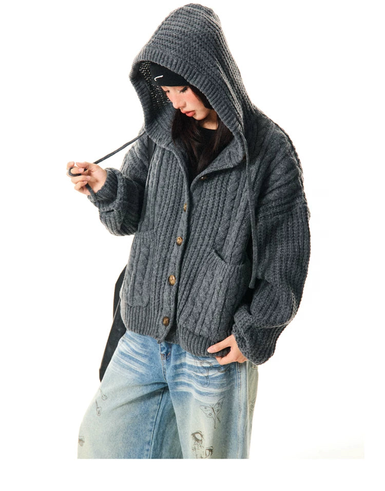 Hooded Button Oversize Cable Knit Cardigan