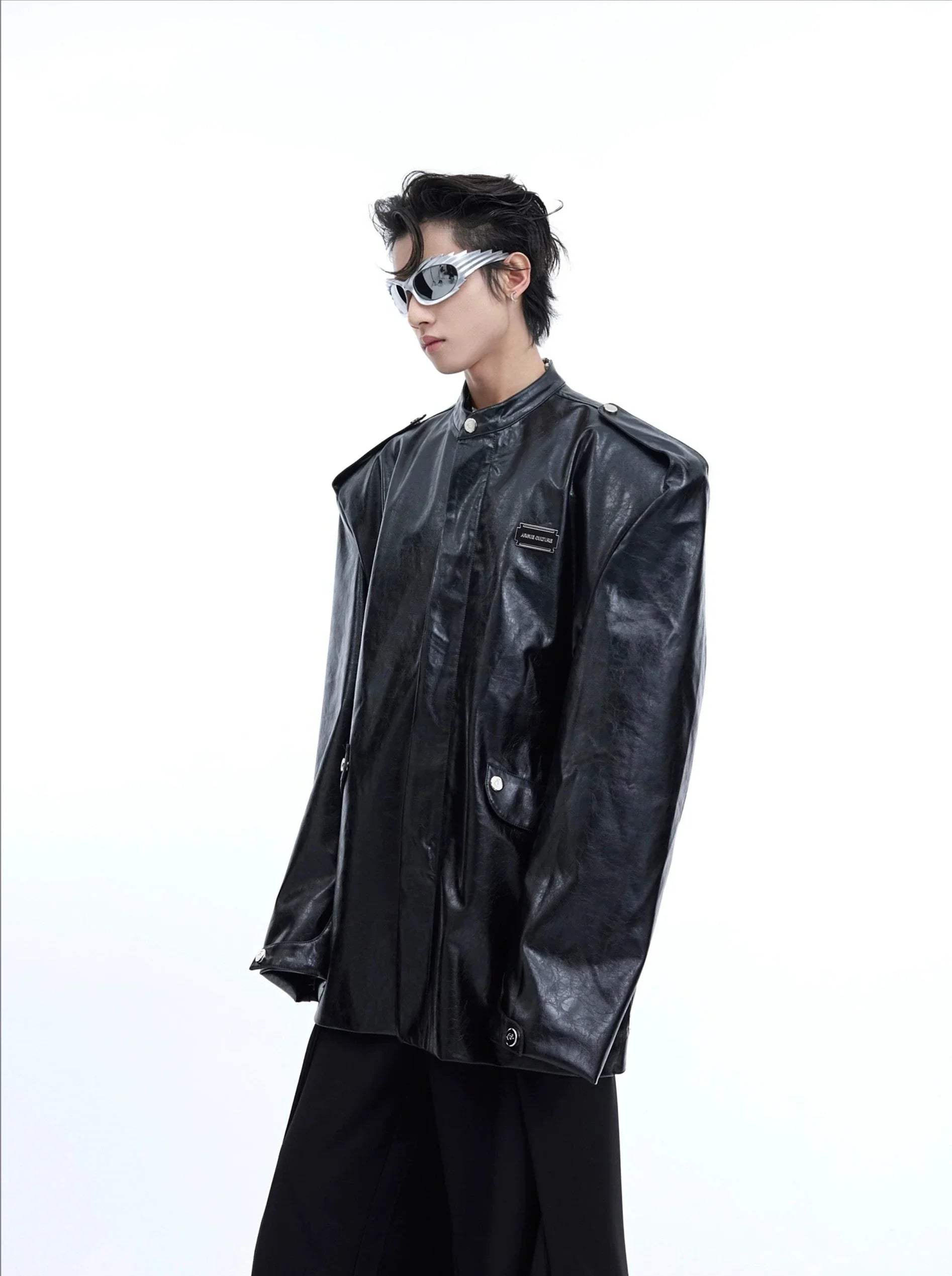 Oversize Shoulder Pad PU Leather Jacket