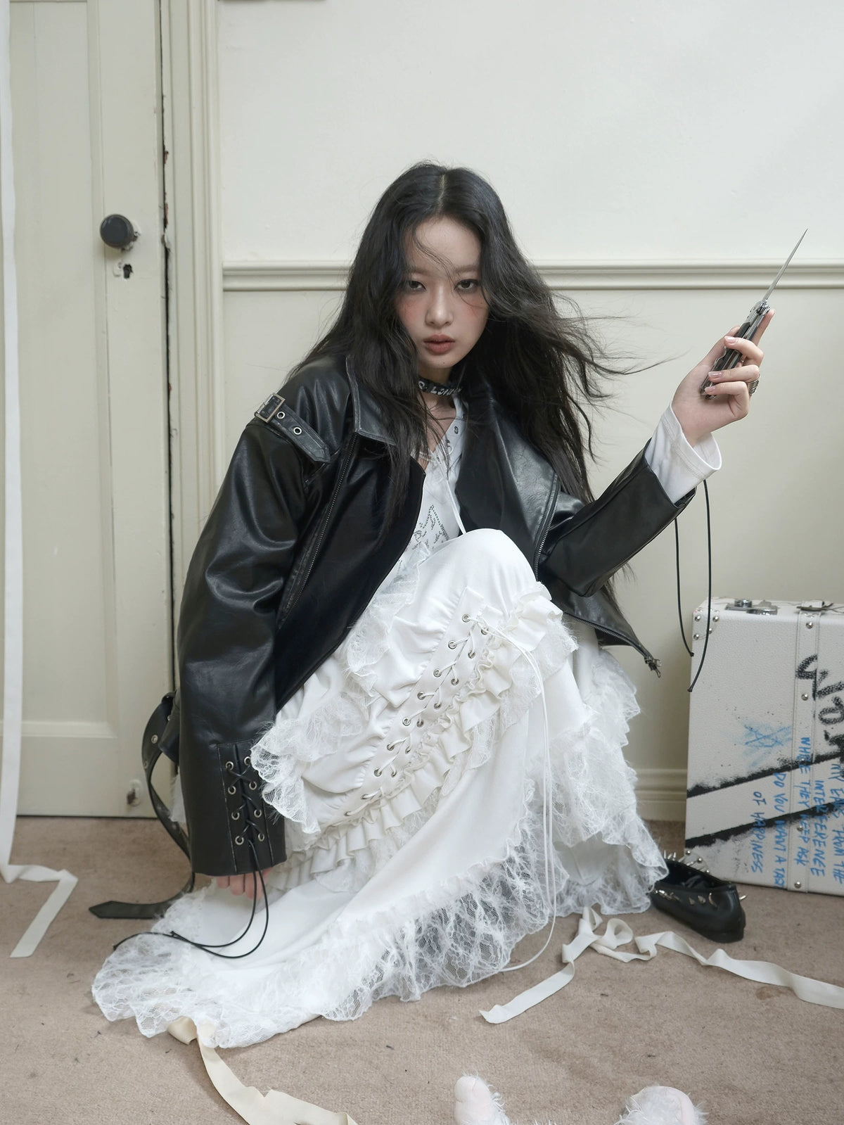 Suede Lace Asymmetrical Tie-Up Layered Long Skirt