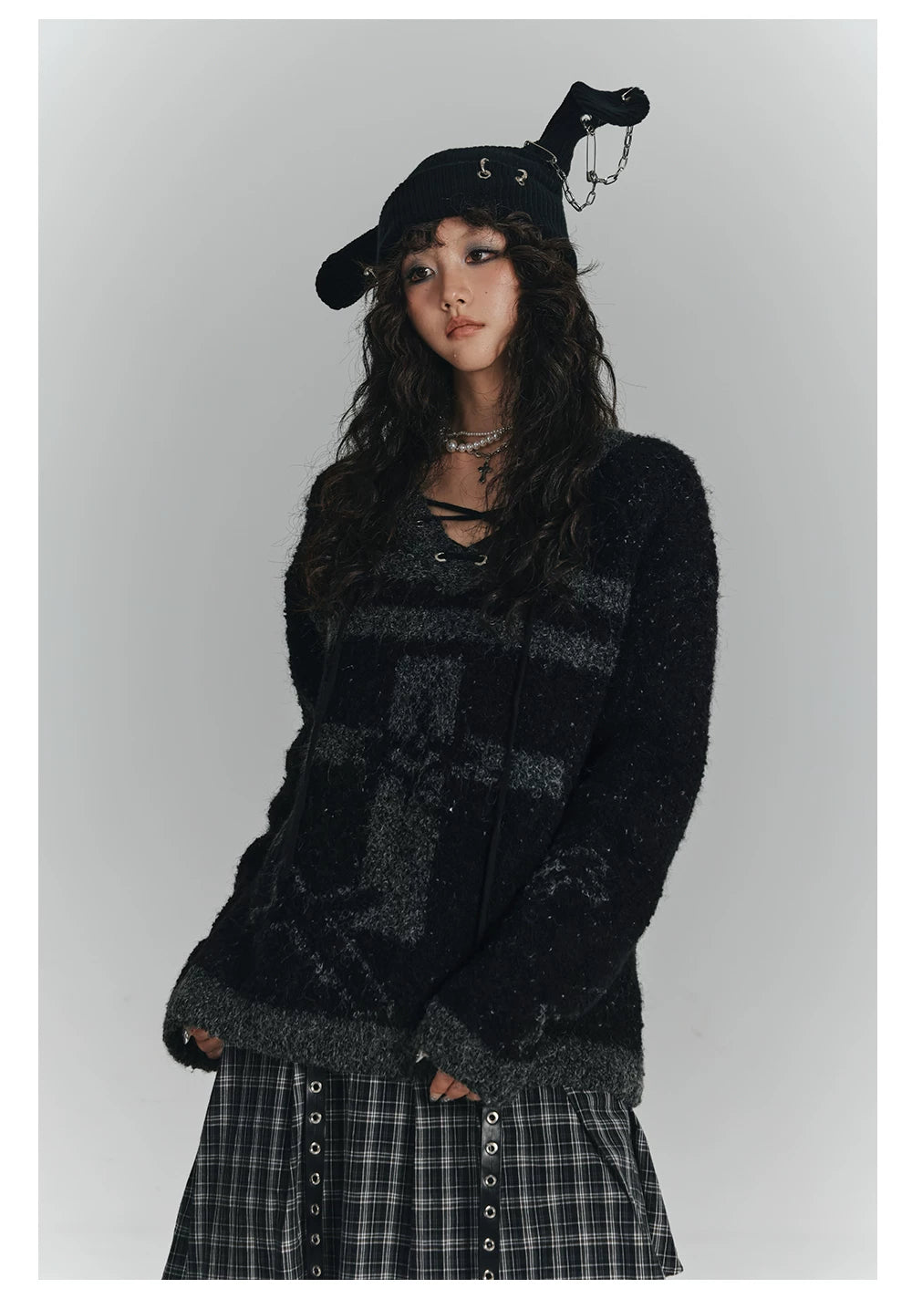 Cross Detail Drawstring Oversize V-Neck Knit Sweater