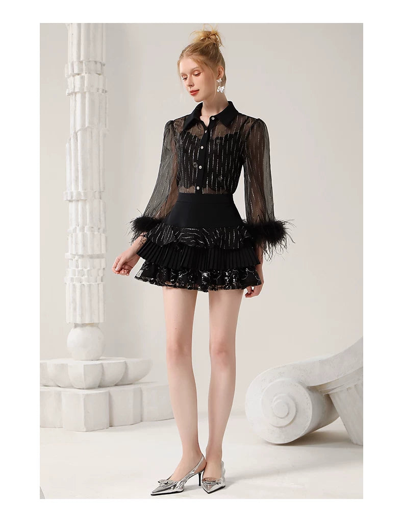 Sheer Shirt & Camisole & Layered Skirt Setup
