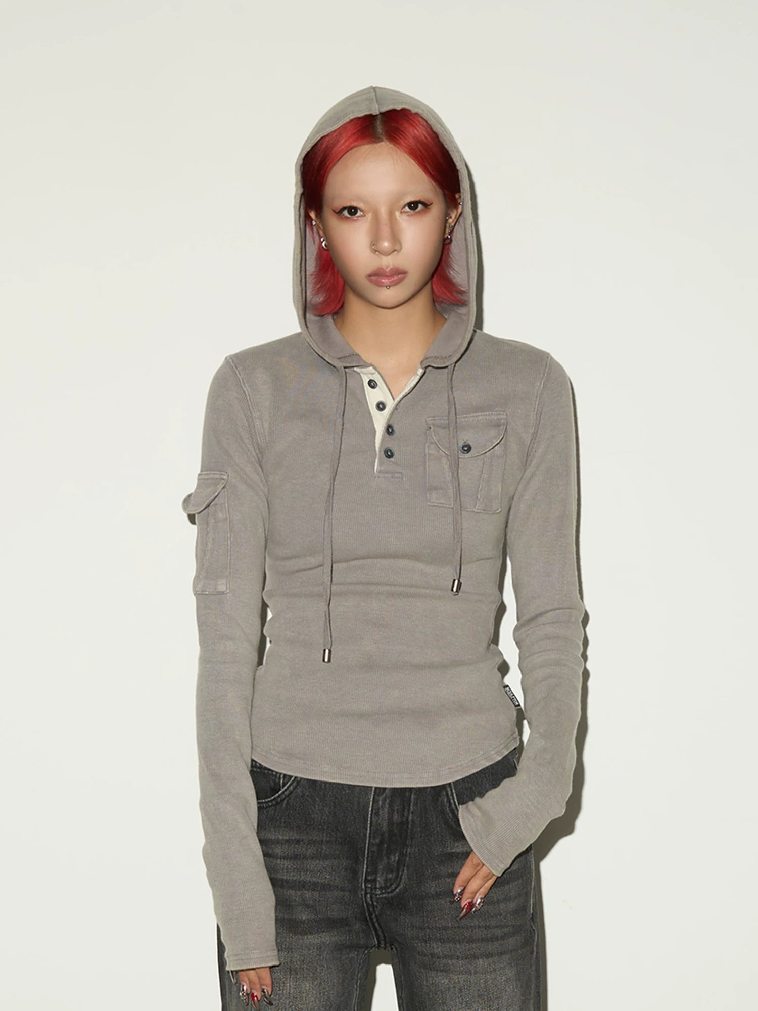 Multi-Pocket Button Knit Hoodie