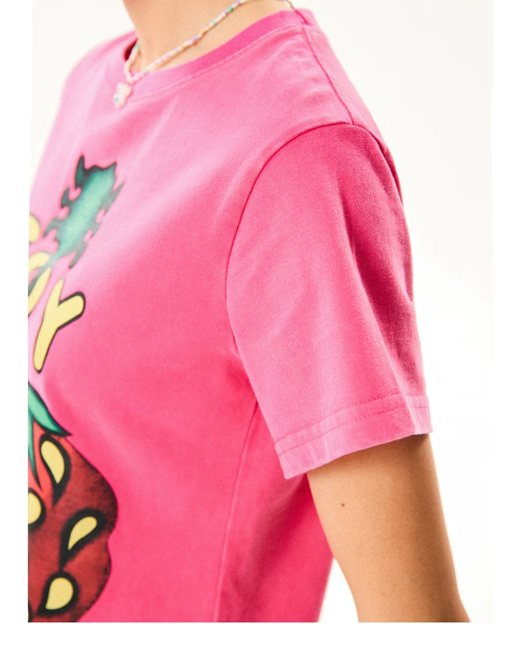 Strawberry Print Cropped Short Sleeve T-Shirt